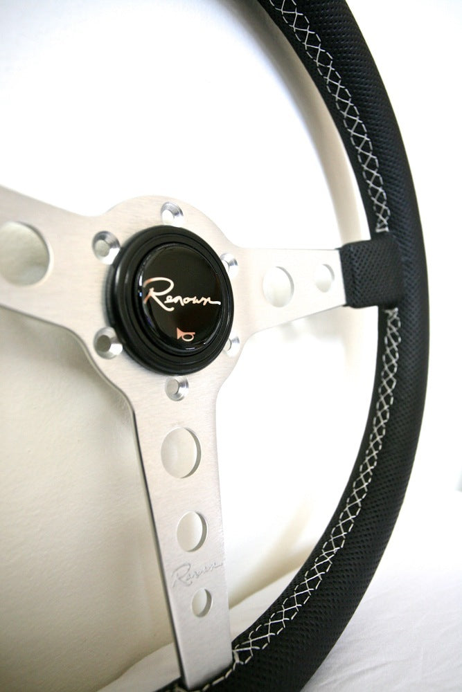 Renown Monaco Steering Wheel - Silver w/ White Stitching